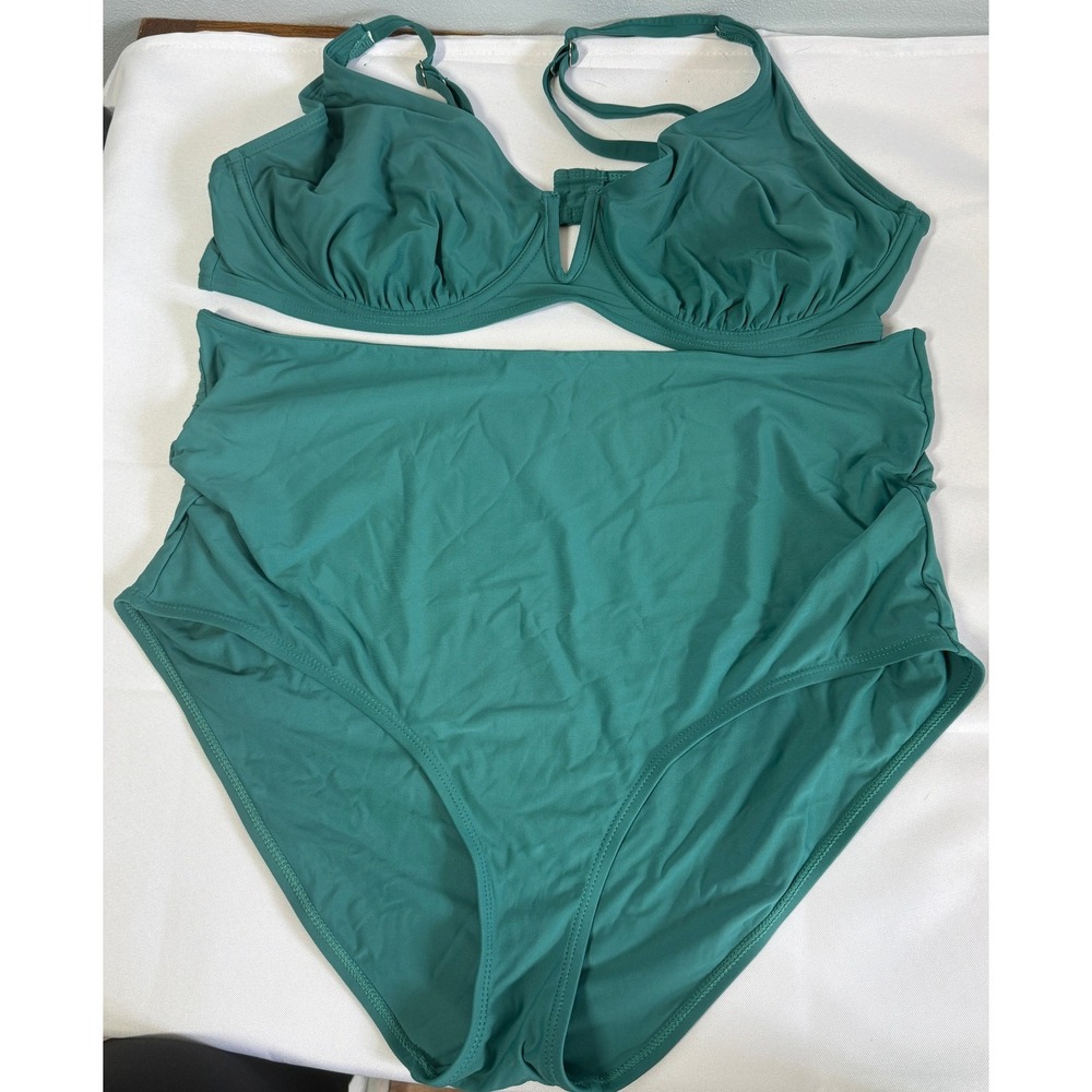 Anne Cole Womens Bikini XXL Green High Waist Ruched Underwire Swimsuit Set Beach